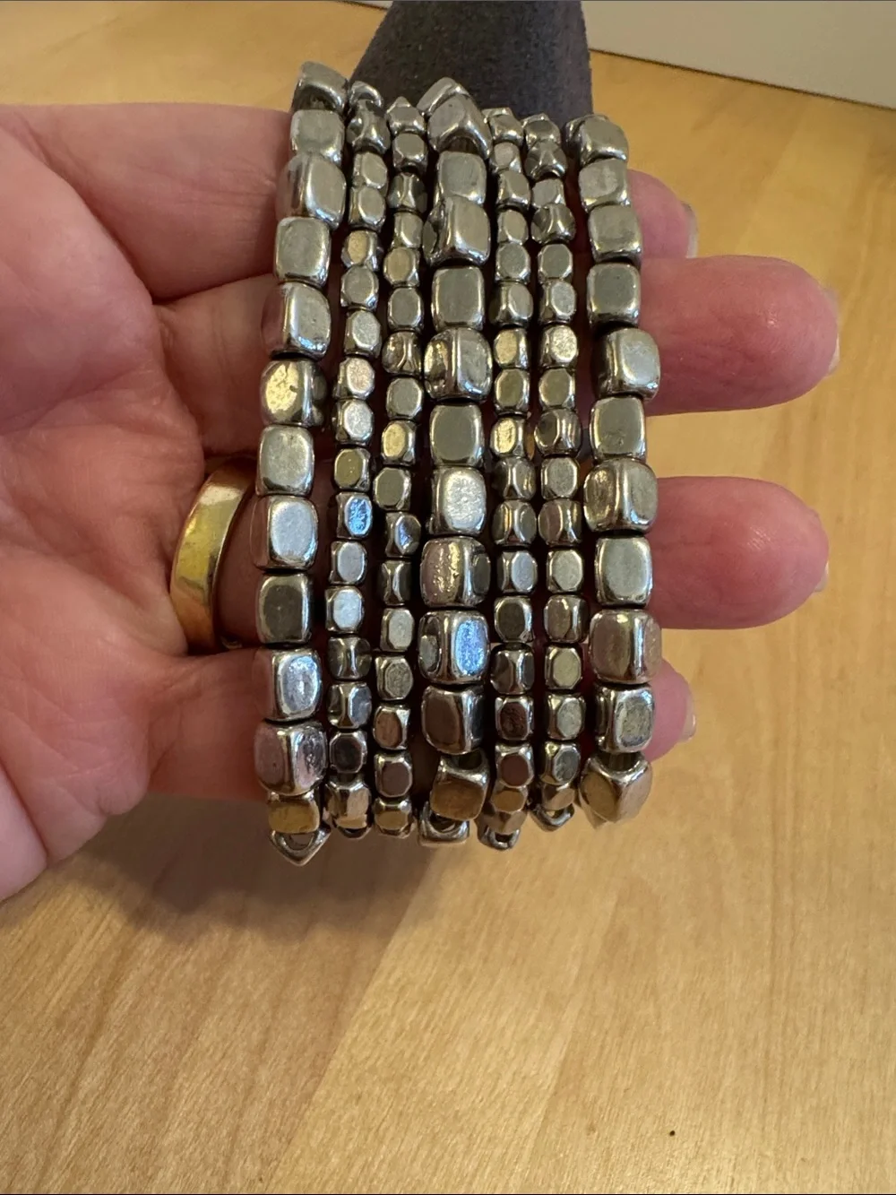 Chunky multi-strand, silver tone burnished nugget set of 7 bracelets